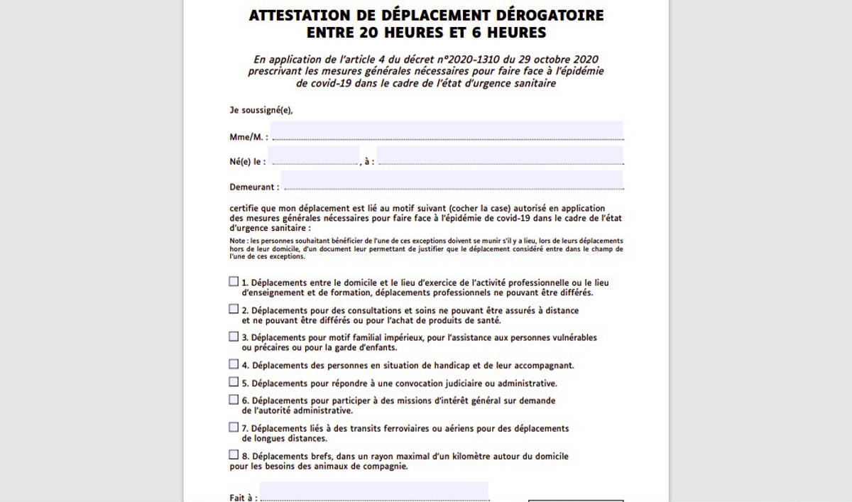 Nouvelles attestations de déplacement couvre-feu Covid-19 (capture). Nouvelles attestations de déplacement couvre-feu Covid-19 (capture).