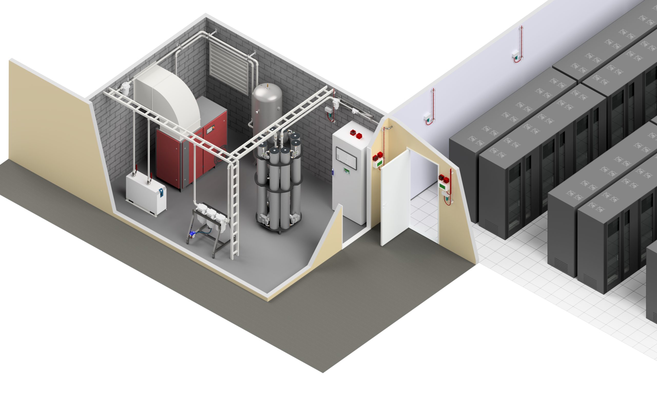 Exemple d’une installation dédiée à la protection incendie pour data centers (image Elcsi). Exemple d'une installation dédiée à la protection incendie pour data centers (image Elcsi).