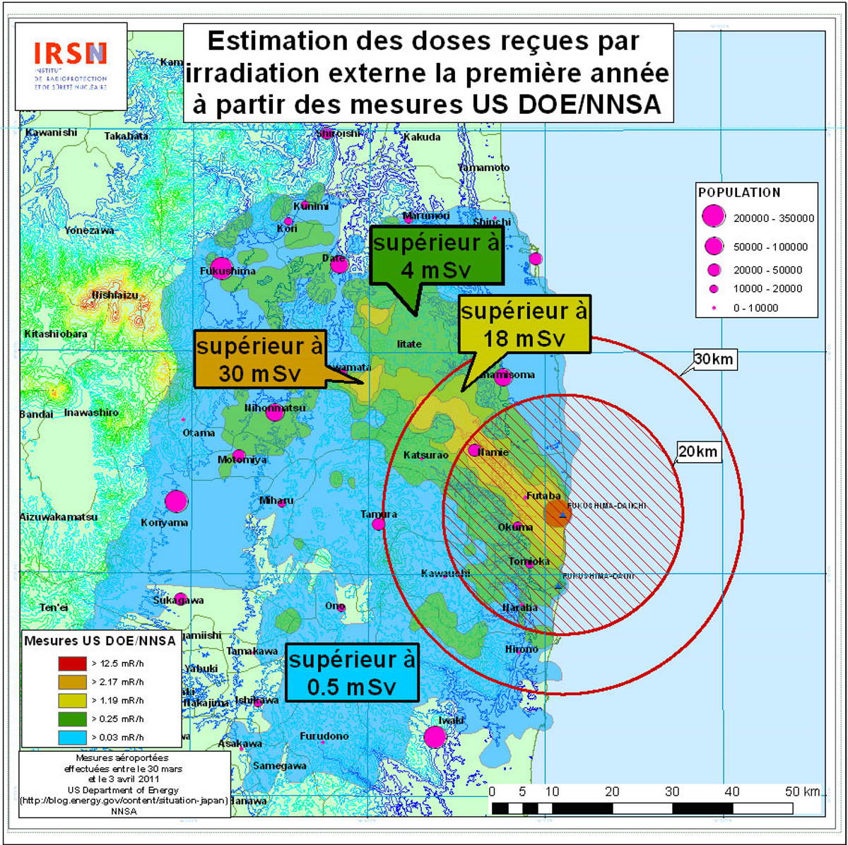 Fukushima - Mesures aéroportées de débits de doses du 30 mars au 3 avril 2011 reproduites par l'IRSN