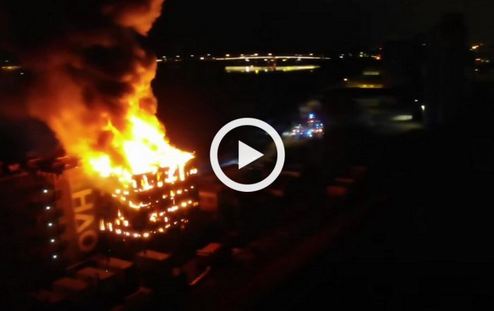 Incendie data centers OVH Strasbourg. (Capture Youtube StrasTV - images drone sapeurs-pompiers du Bas-Rhin).