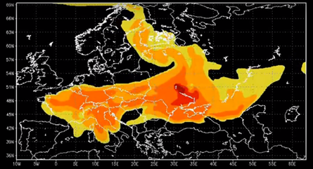 IRSN - Concentration du césium 137 dans l'air au dessus du sol le 1er mai à 20h15