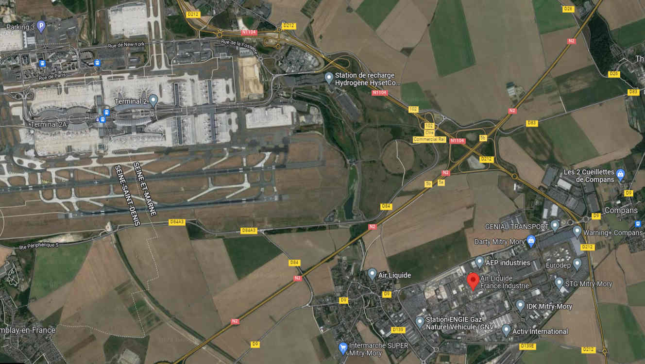 Vue aérienne du site d'Air Liquide au sein de la ZI de Mitry-Compans et de son environnement. Crédit : Google maps