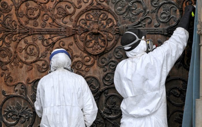 Restauration de Notre-Dame de Paris - compagnons protégés par des combinaisons. Photo Philophoto/AdobeStock