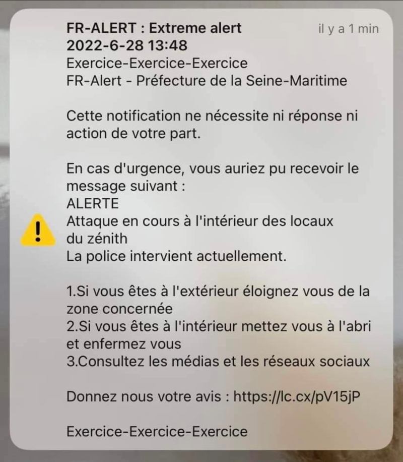 Notification FR-Alert envoyée lors d'un exercice à Rouen le 28 juin 2022.