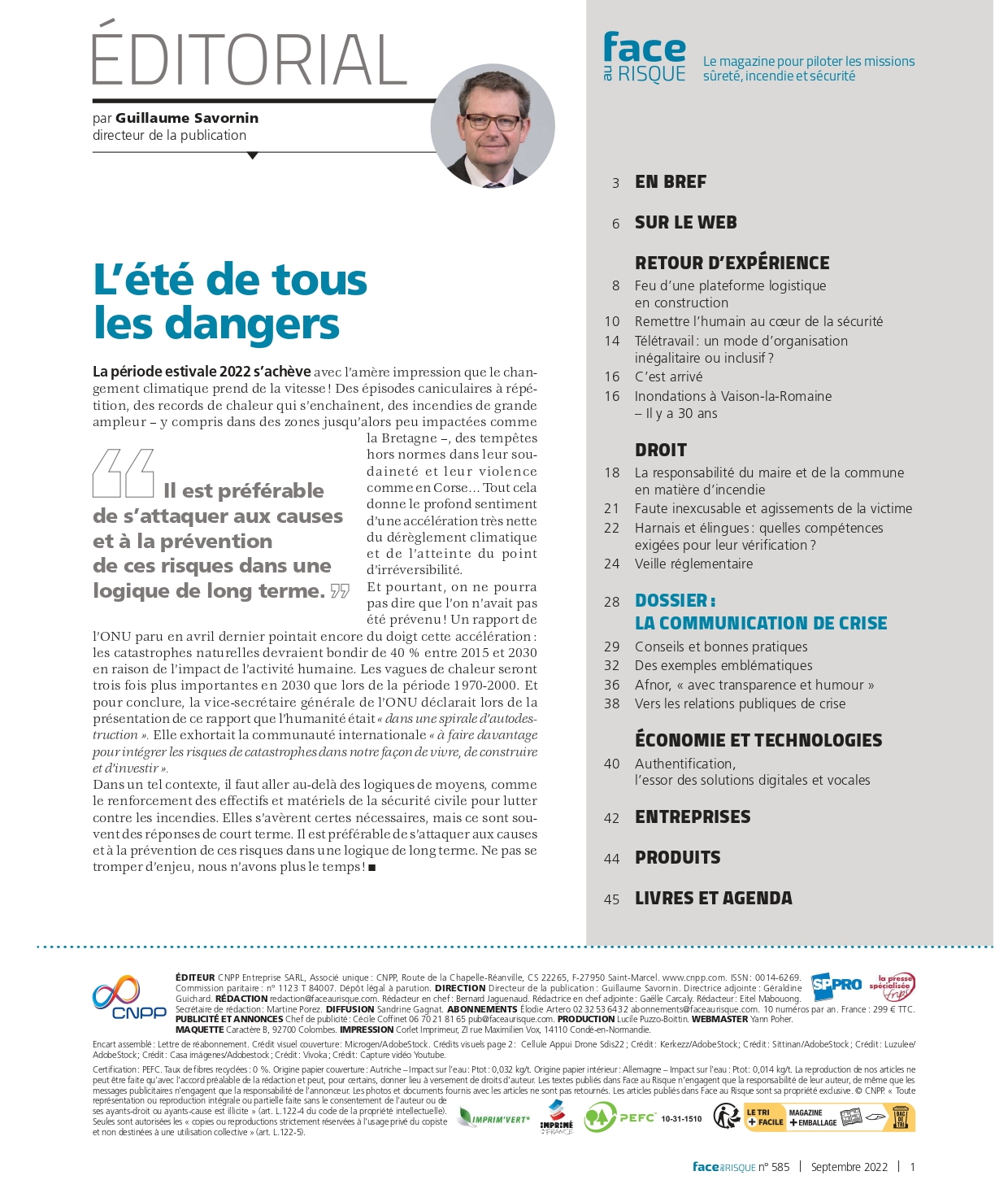 Edito Face au Risque 585- septembre 2022.