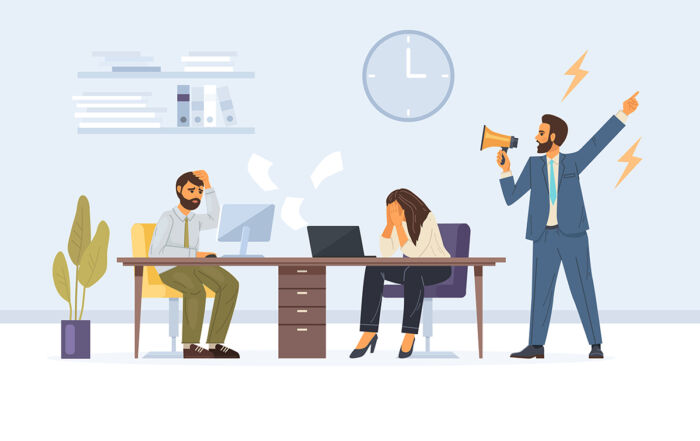 Office workers working at Deadline. Angry boss shout at employees who fail to meet deadline - Crédit: Svetlanas01/AdobeStock