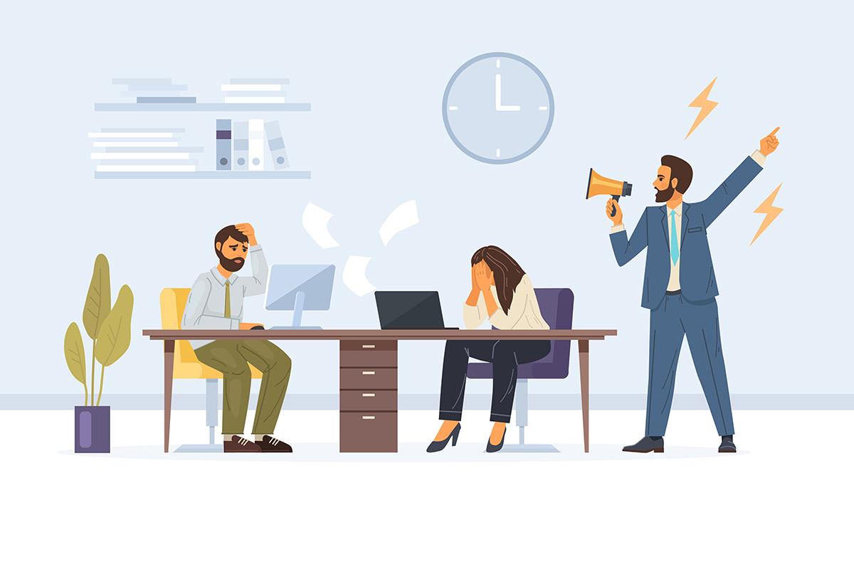 Office workers working at Deadline. Angry boss shout at employees who fail to meet deadline - Crédit: Svetlanas01/AdobeStock