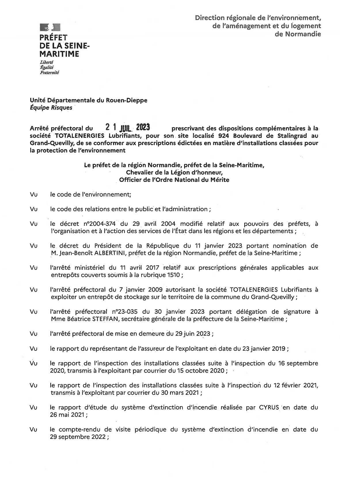 Arrêté préfectoral du 21 juillet 2023 visant Total Lubrifiants - Page 1