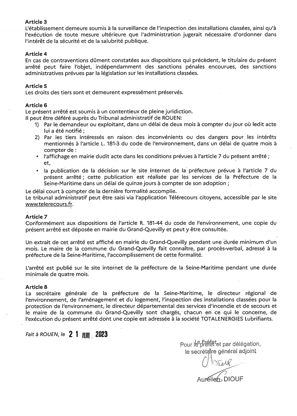 Arrêté préfectoral du 21 juillet 2023 visant Total Lubrifiants - Page 4