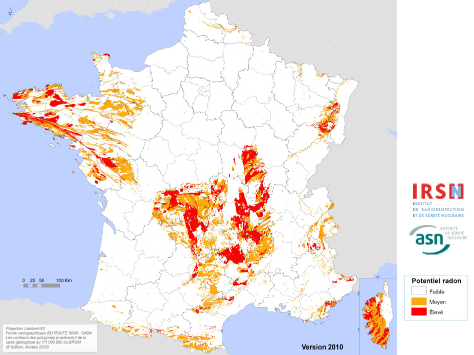 Carte du radon en France - Crédit: IRSN/ASN