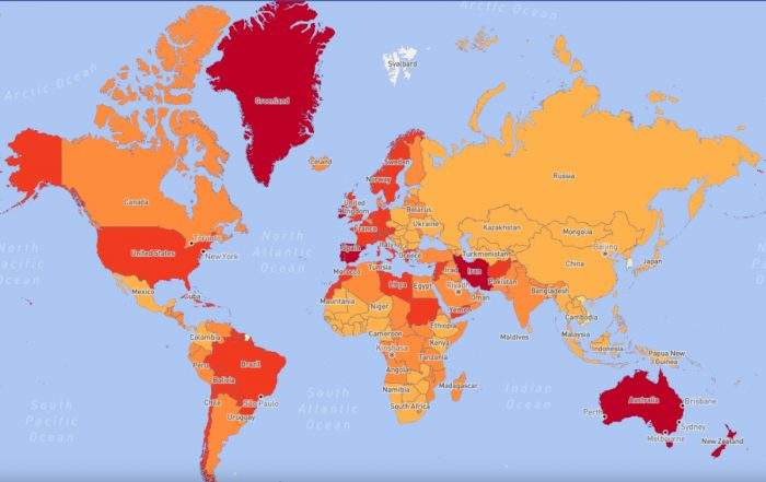 Capture d'écran de la carte interactive des risques d'International SOS au 19 décembre 2023 - Filtre santé mentale