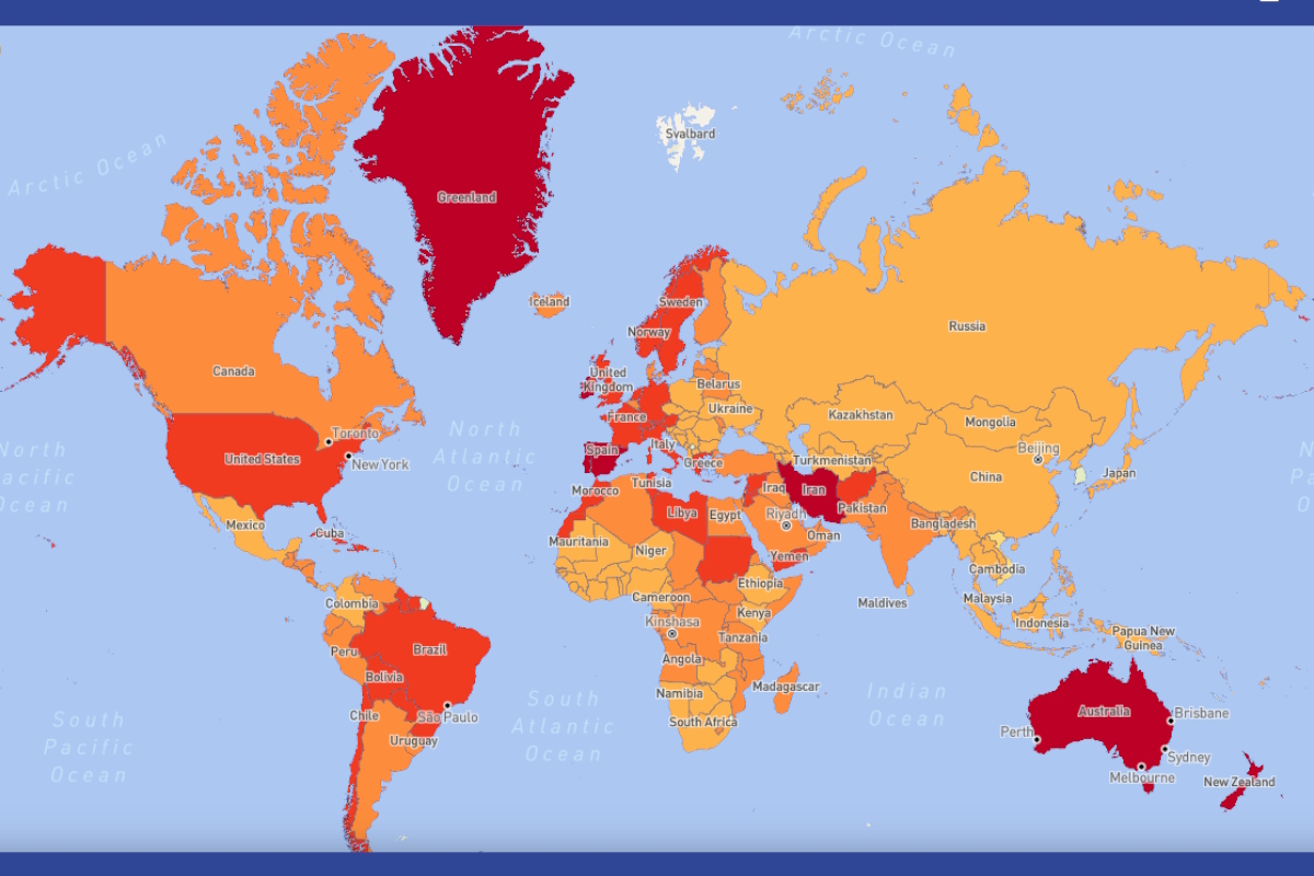 Capture d'écran de la carte interactive des risques d'International SOS au 19 décembre 2023 - Filtre santé mentale