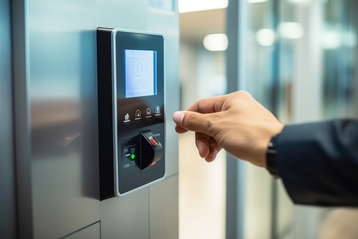 Finger print scan access control system machine on wall near entrance door office - Crédit: Ty/AdobeStock