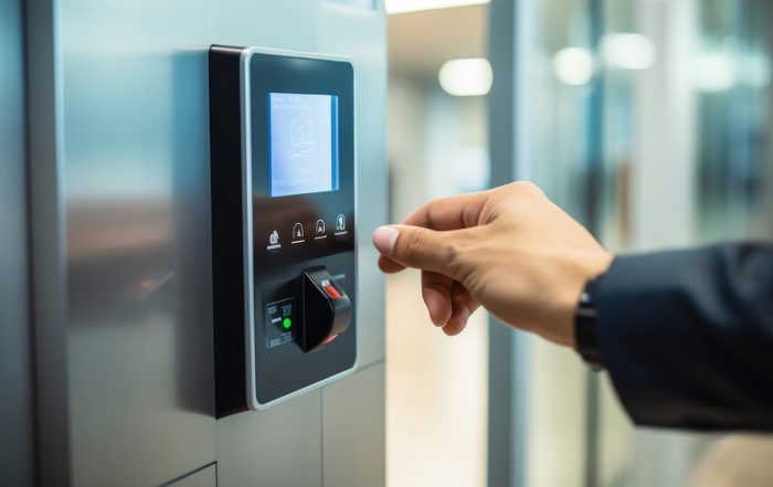 Finger print scan access control system machine on wall near entrance door office - Crédit: Ty/AdobeStock