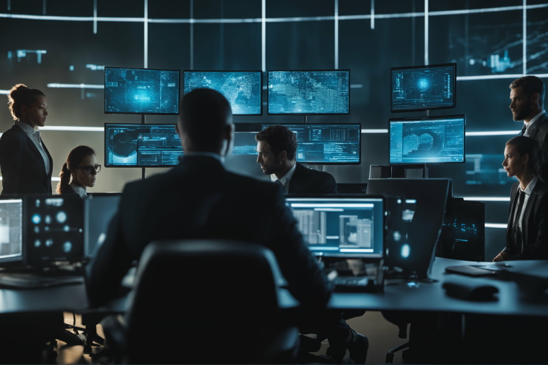 Security team in futuristic cybersecurity workspace with advanced encryption and biometric access - Crédit : ibreakstock-AdobeStock