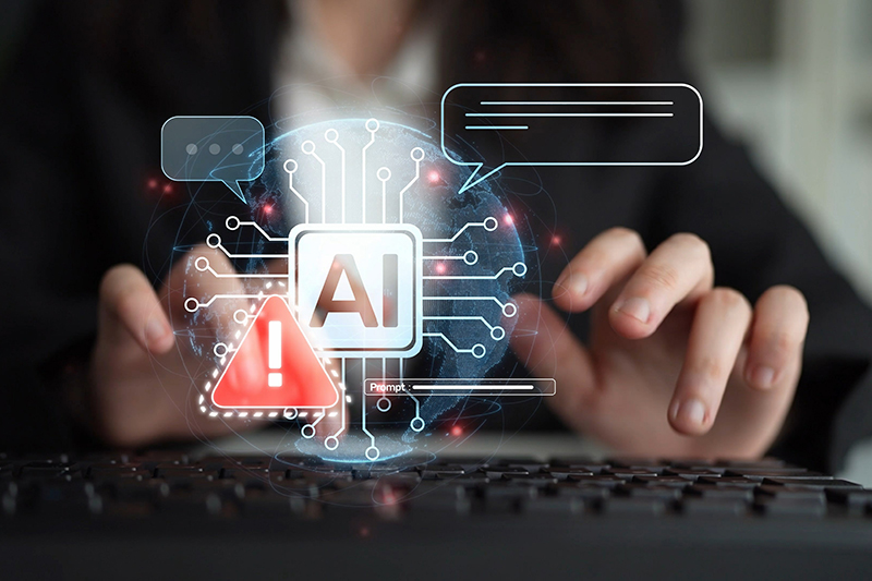 AI interface showing prompt error warning and system alert. AI prompt failure can lead to incorrect output or hallucination. Managing AI prompt error is crucial in safe AI deployment.