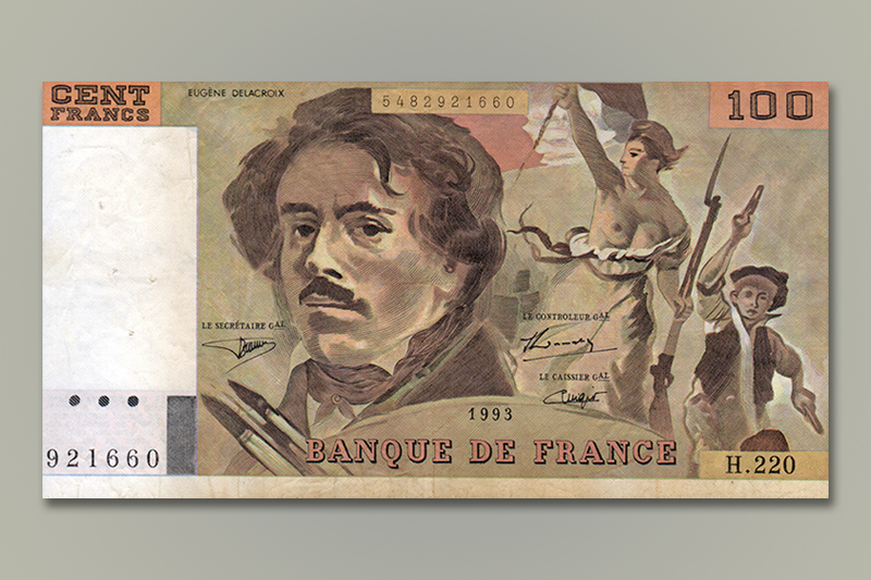 Billet Delacroix de 1993 de 100 francs – Crédit photo : Dwight Burdette (Wikimédia Commons) Billet Delacroix de 1993 de 100 francs - Crédit photo : Dwight Burdette (Wikimédia Commons)